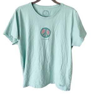 Life Is Good T-Shirt Women’s Large Aqua Peace Sign Graphic Tee Hippie